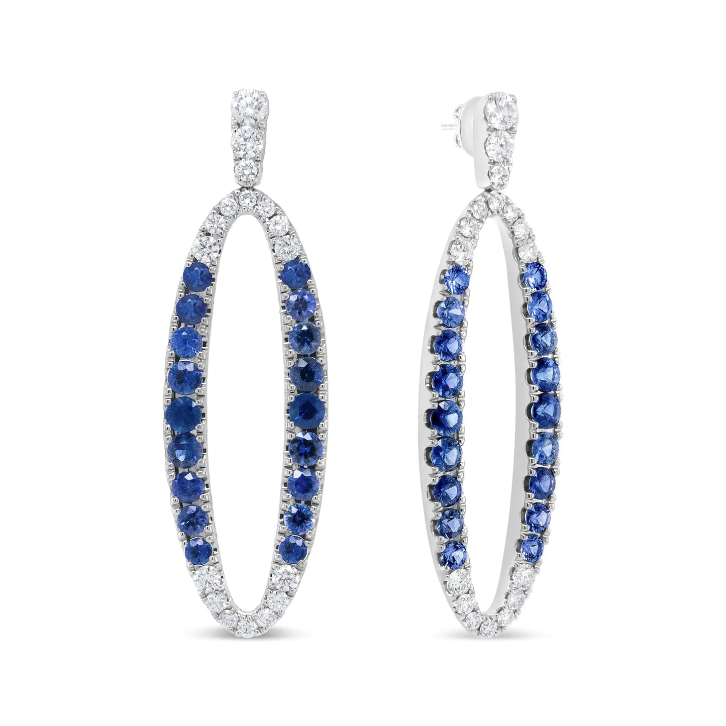 White Gold Round Blue Diamond and Light-and-Dark Blue Sapphire Openwork Oval-Shaped Dangle Earrings