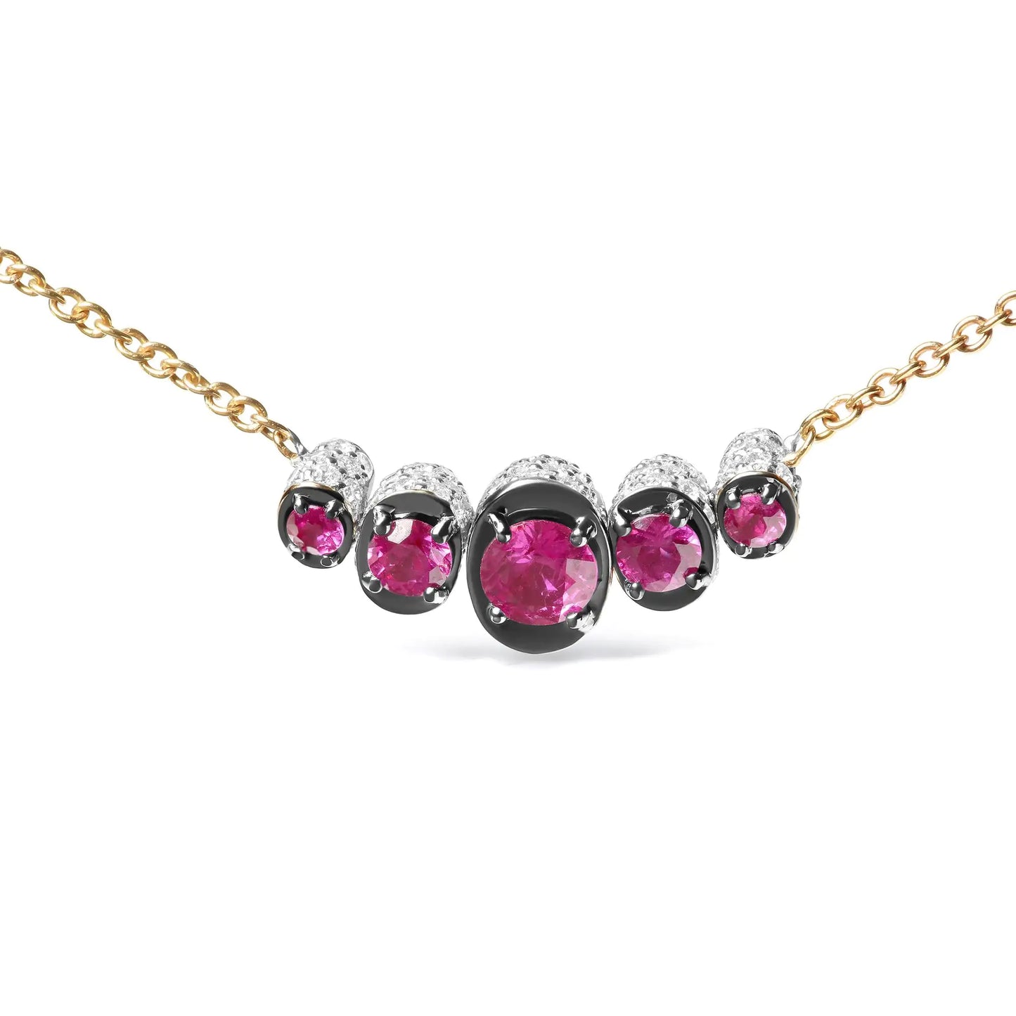 Rose Gold Diamonds and Graduated Red Ruby Curved-Bar Pendant Necklace