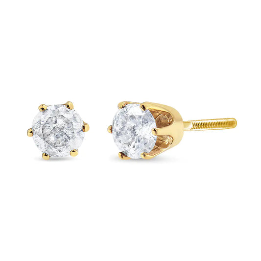 Yellow Gold Round Brilliant-Cut Diamond Six-Prong-Set Solitaire Stud Earrings