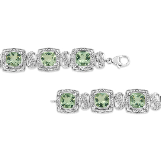 Silver Cushion-Cut Green Amethyst and Single-Cut Diamond Square-Shape Tennis Bracelet