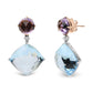 White-and-Rose Gold Diamond with Round Pink Rose-de-France Amethyst and Cushion-Cut Sky-Blue Topaz Gemstone Dangle Earrings