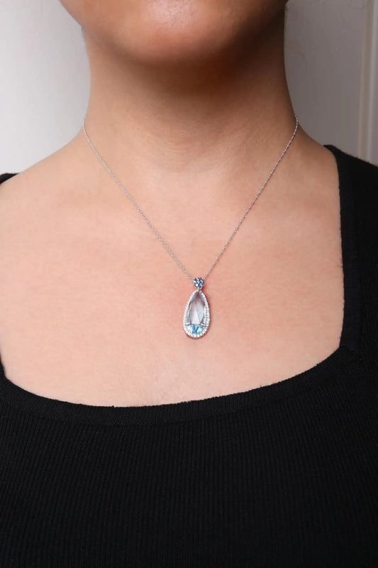 White Gold Diamond and Sky-Blue Topaz and Blue Sapphire Gemstone Floral Teardrop Halo Pendant Necklace