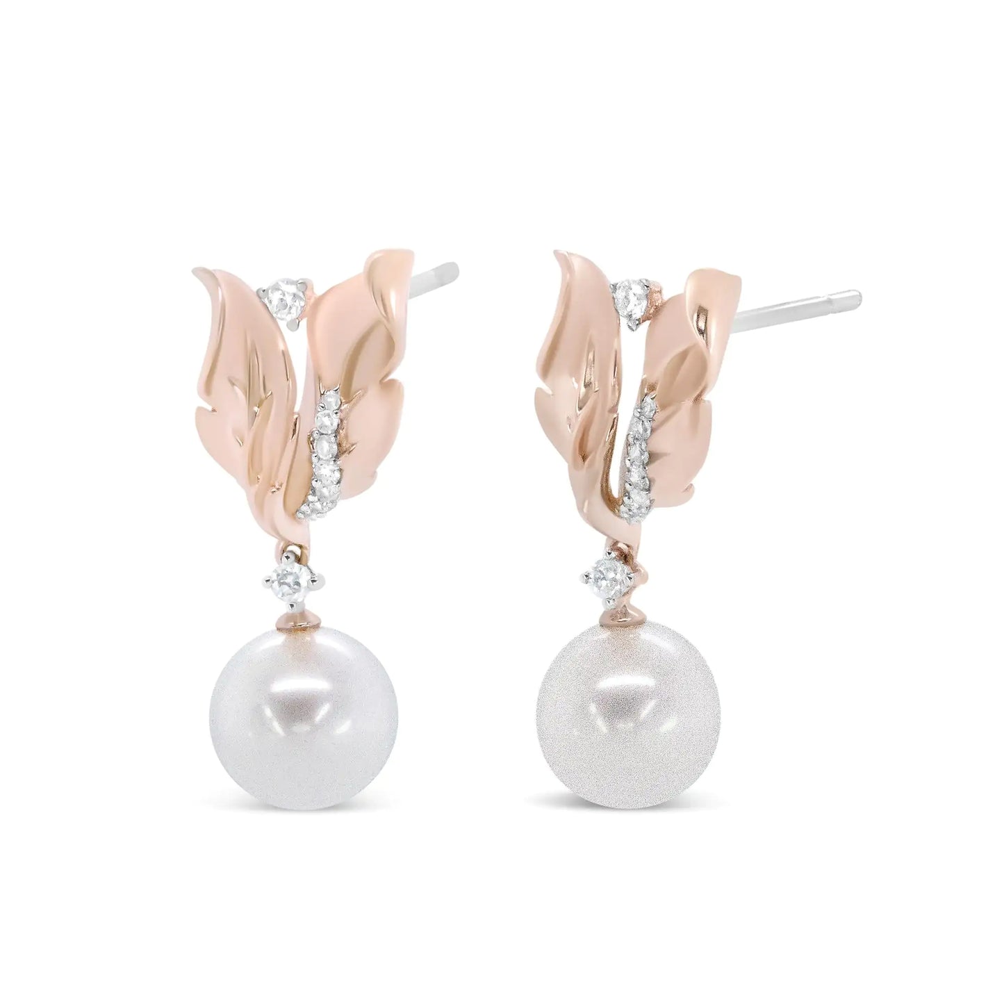 Rose Gold Round Diamond and Round Pearl Floral Drop Stud Earrings