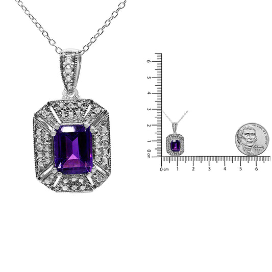 Silver Purple Amethyst and Diamond Accent Art-Deco-Style Pendant Necklace