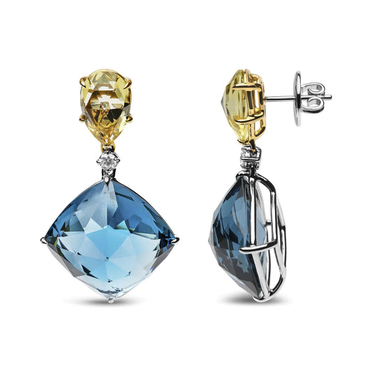 White-and-Yellow Gold Diamond with Pear-Cut Lemon Quartz and Cushion-Cut London Blue Topaz Dangle Earrings