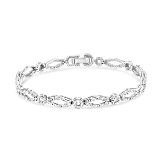 Silver Diamond-Studded Alternating-Circle-and-Kite-Shaped Vintage-Style Link Bracelet