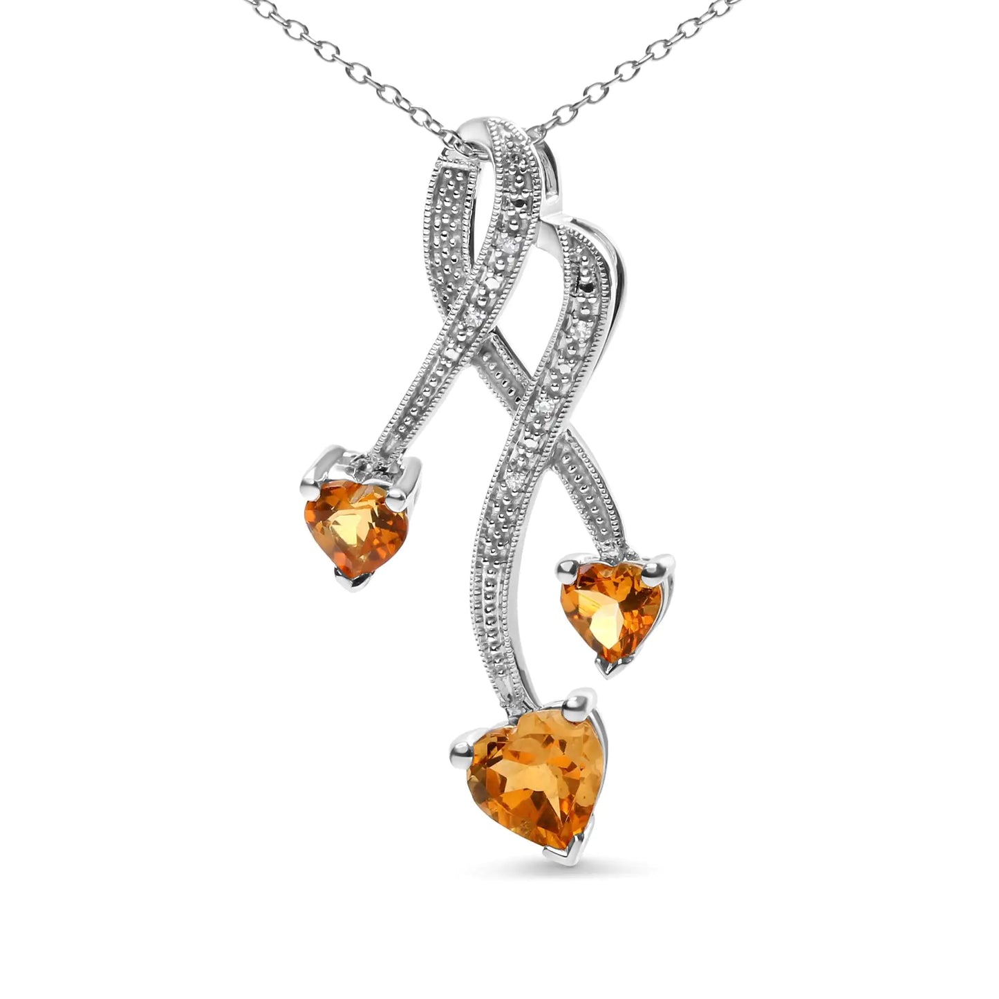 Silver Three-Stone Heart-Shape Citrine and Diamond Accent Spiral Drop Pendant Necklace