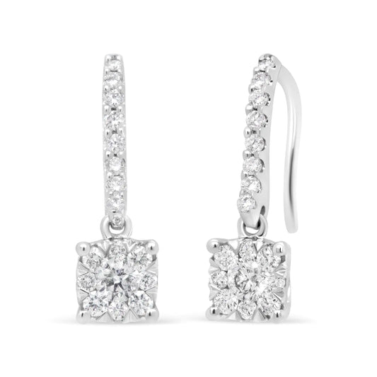 White Gold Round-Cut Diamond Halo Dangle Hook Earrings