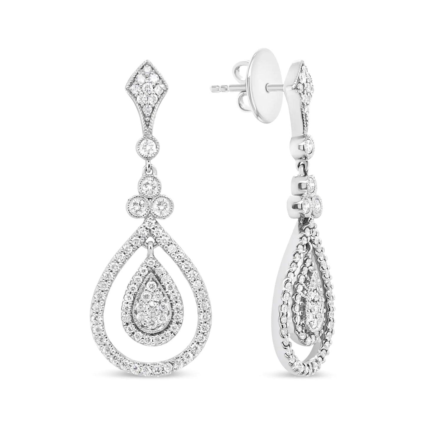 White Gold Round Diamond Openwork Teardrop-Shaped Dangle Earrings