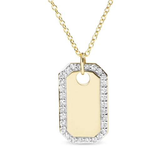 Yellow Gold Diamond Halo Octagonal Dog-Tag Pendant Necklace