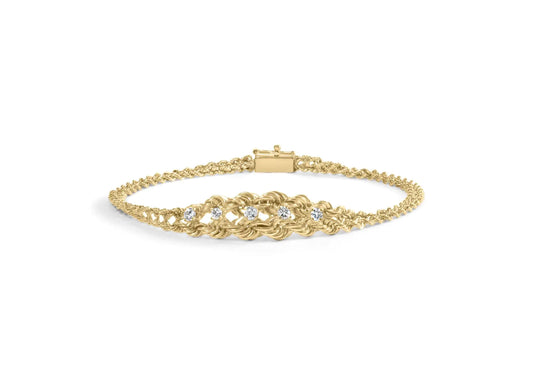 Yellow Gold Round-Cut Diamond Basket-Weave Rope-Chain-Style Bracelet