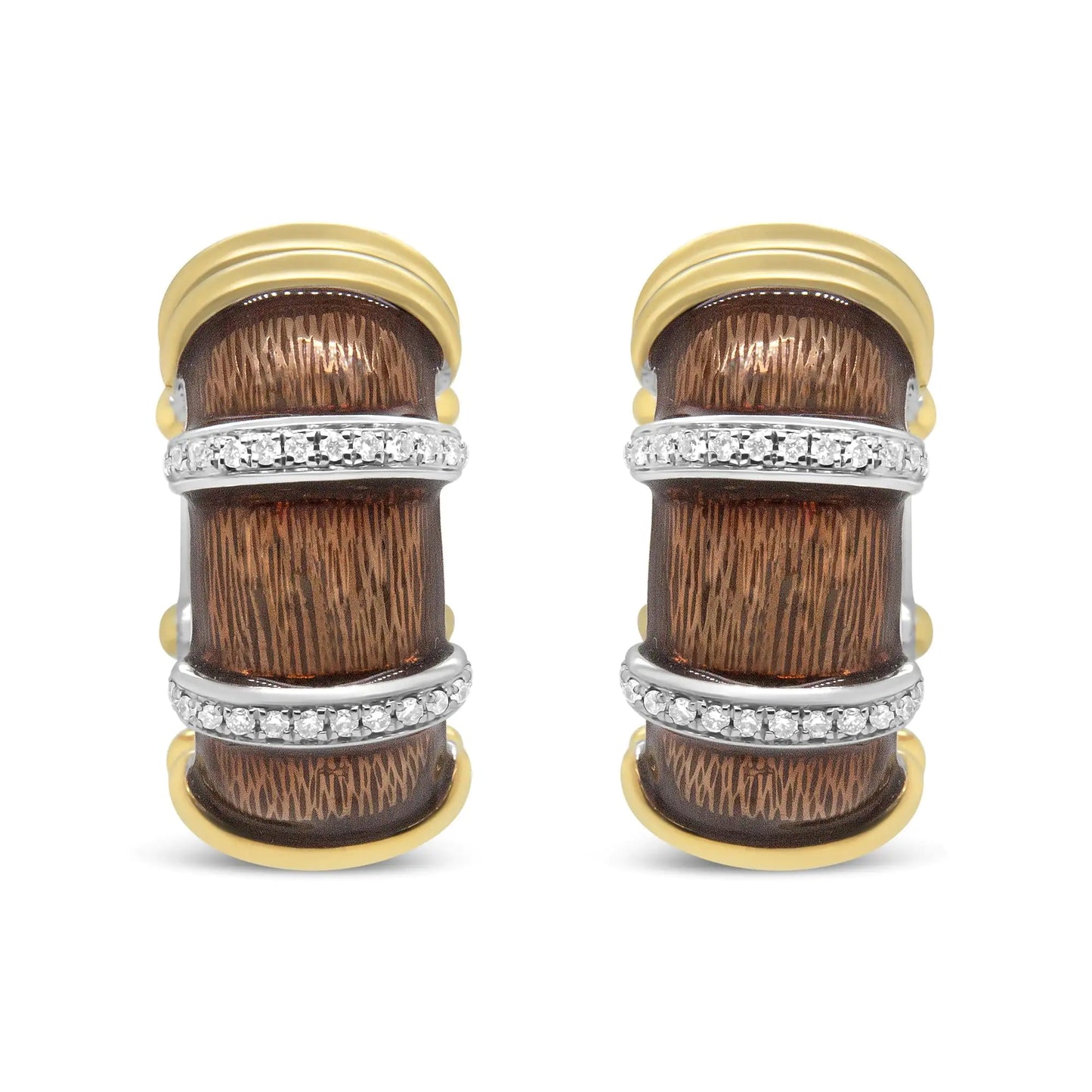 Yellow-and-White Gold Flash-Plated Silver Clear Brown Enamel Round Diamond Huggie Hoop Earrings