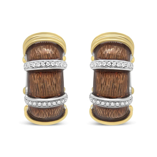 Yellow-and-White Gold Flash-Plated Silver Clear Brown Enamel Round Diamond Huggie Hoop Earrings