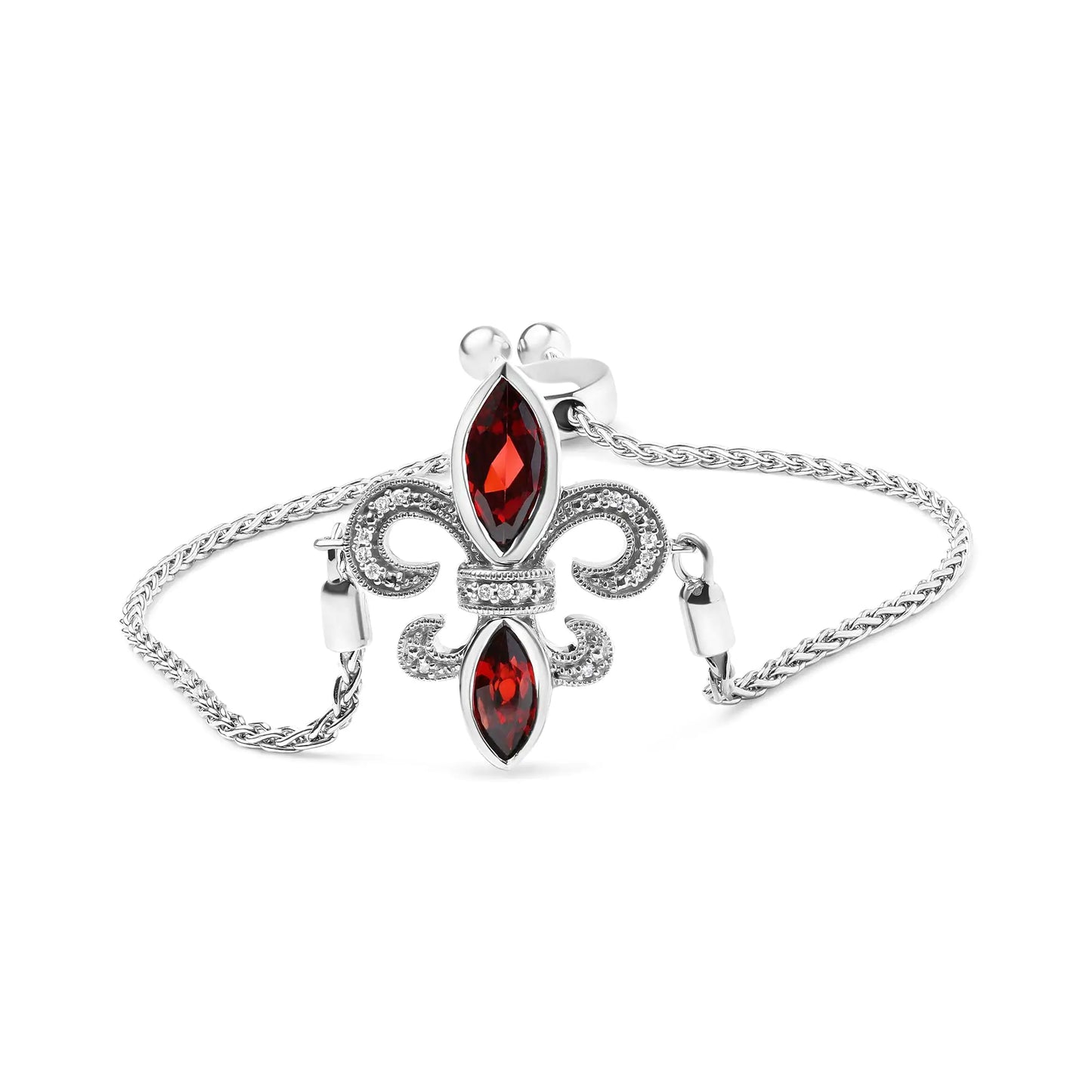 Silver Marquise Garnet and Diamond Accent Lariat Fleur-de-Lis Bolo Bracelet