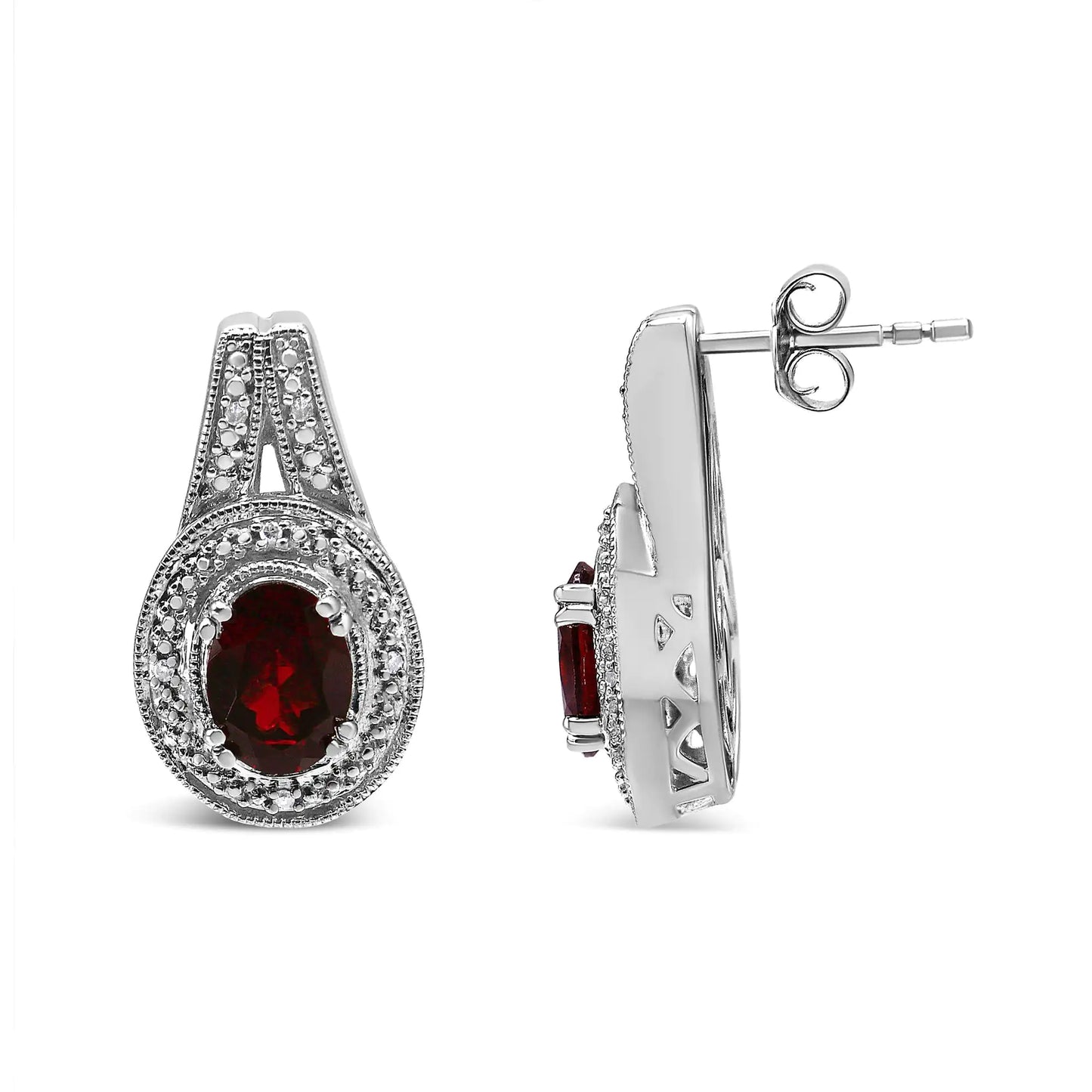 Silver Diamond Accent and Red Oval Garnet Stud Earrings