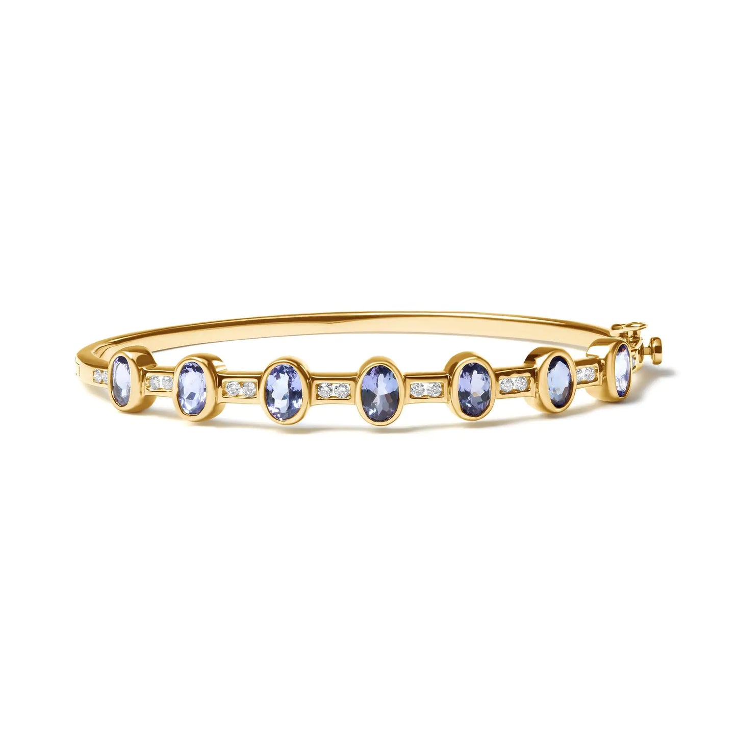 Yellow Gold Round-Cut Diamond and Oval-Cut Blue Tanzanite Bangle Bracelet