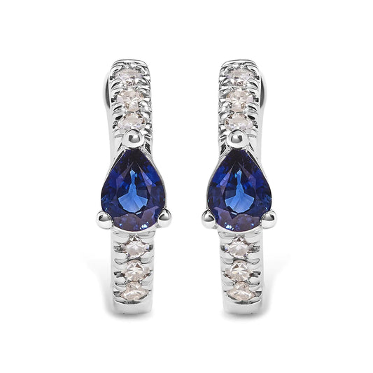 White Gold Pear Shaped Blue Sapphire and Diamond Huggy Hoop Earrings