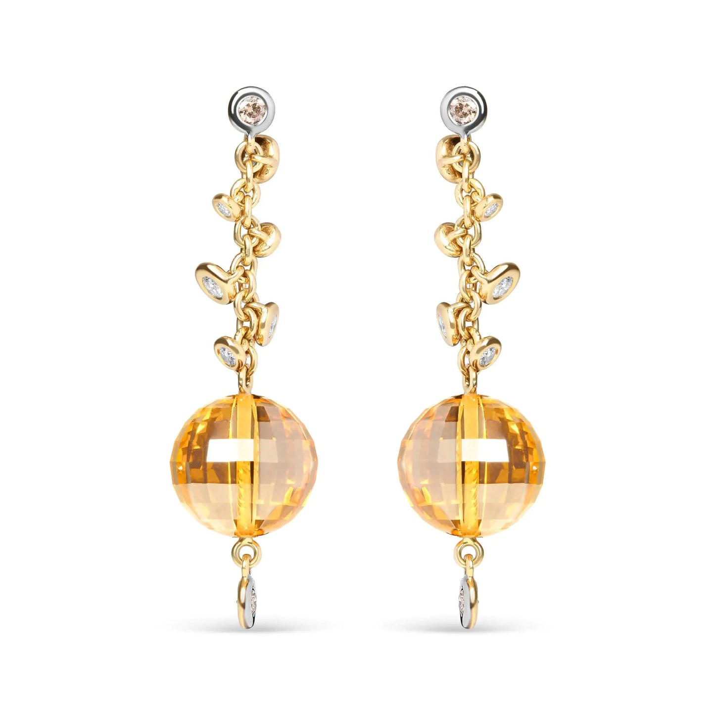 Yellow Gold Round Bezel Diamond and Ball-Shaped Yellow Citrine Gemstone Dangle Stud Earrings