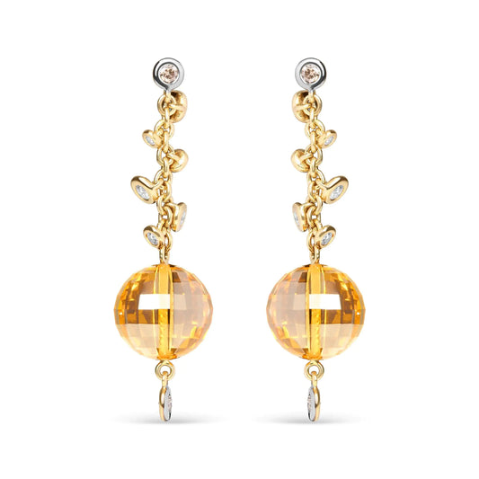 Yellow Gold Round Bezel Diamond and Ball-Shaped Yellow Citrine Gemstone Dangle Stud Earrings