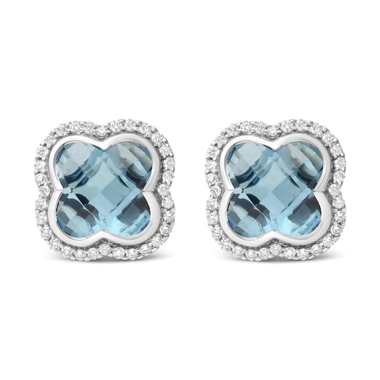 White Gold Diamond and Clover-Cut London Blue Topaz Gemstone Halo Clover Stud Earrings