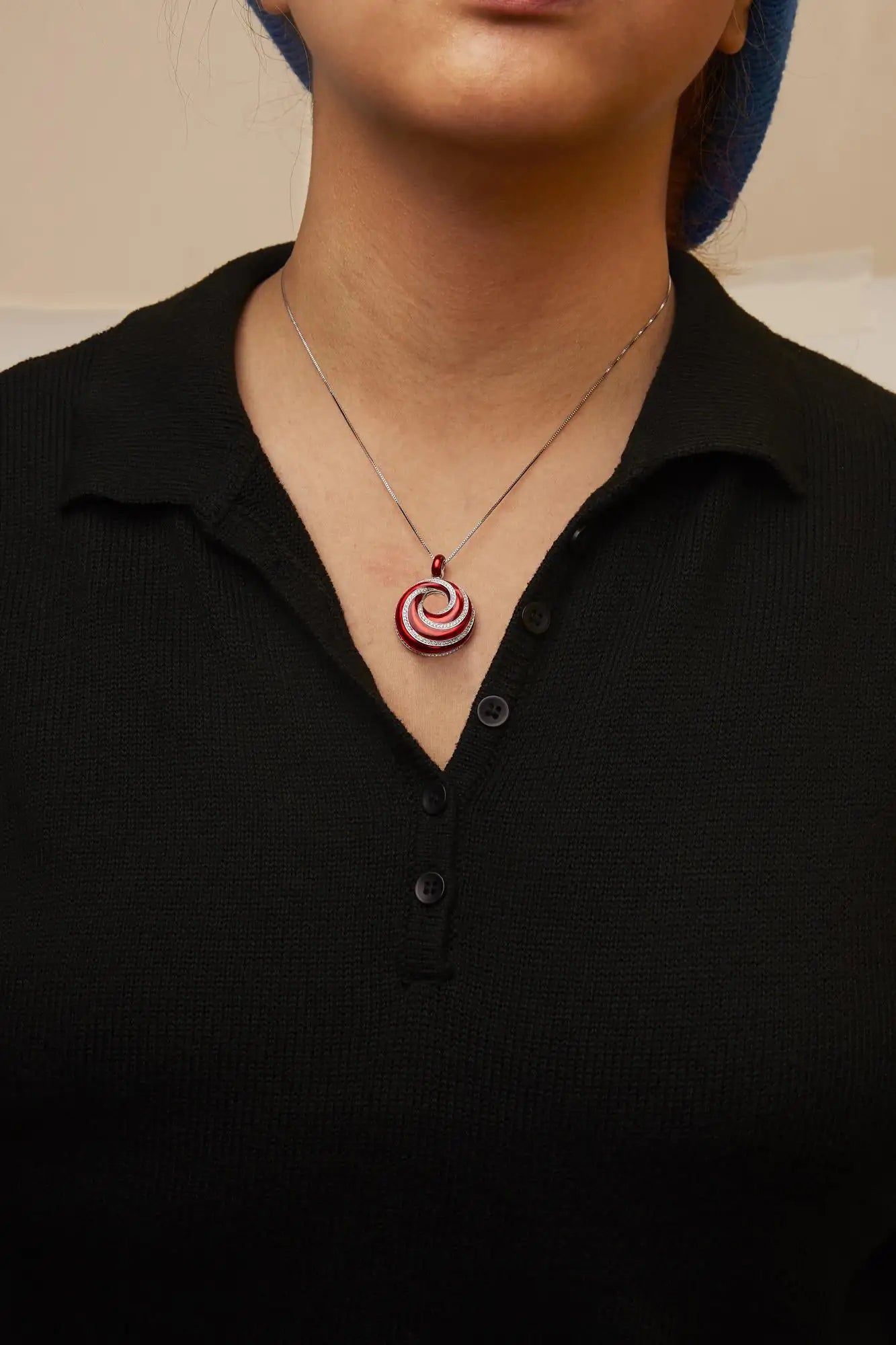 Silver Red Enamel and Diamond Endless-Swirl-Medallion Pendant Necklace