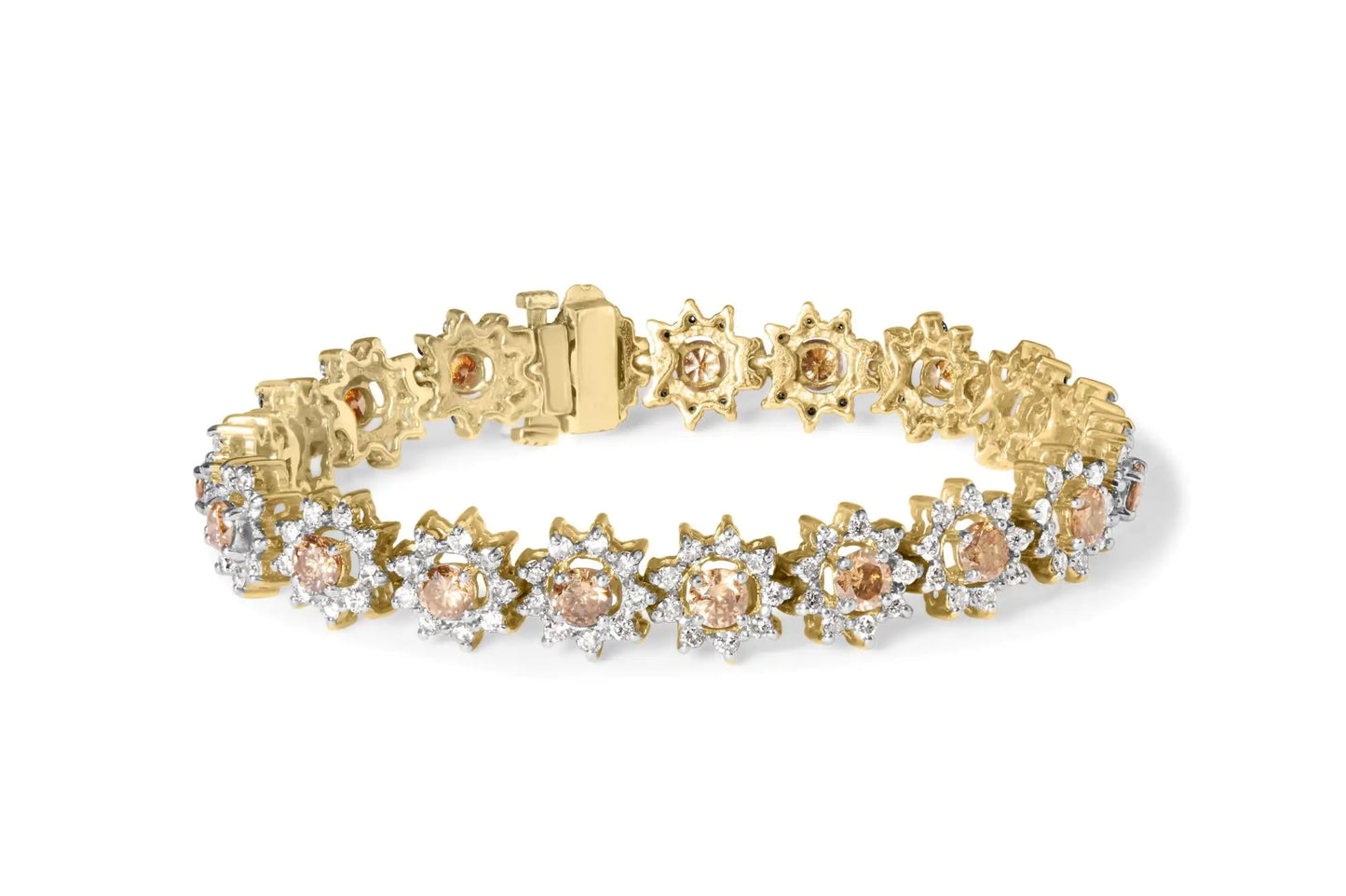 Yellow Gold Champagne Diamond Floral-Cluster Halo-Link Bracelet