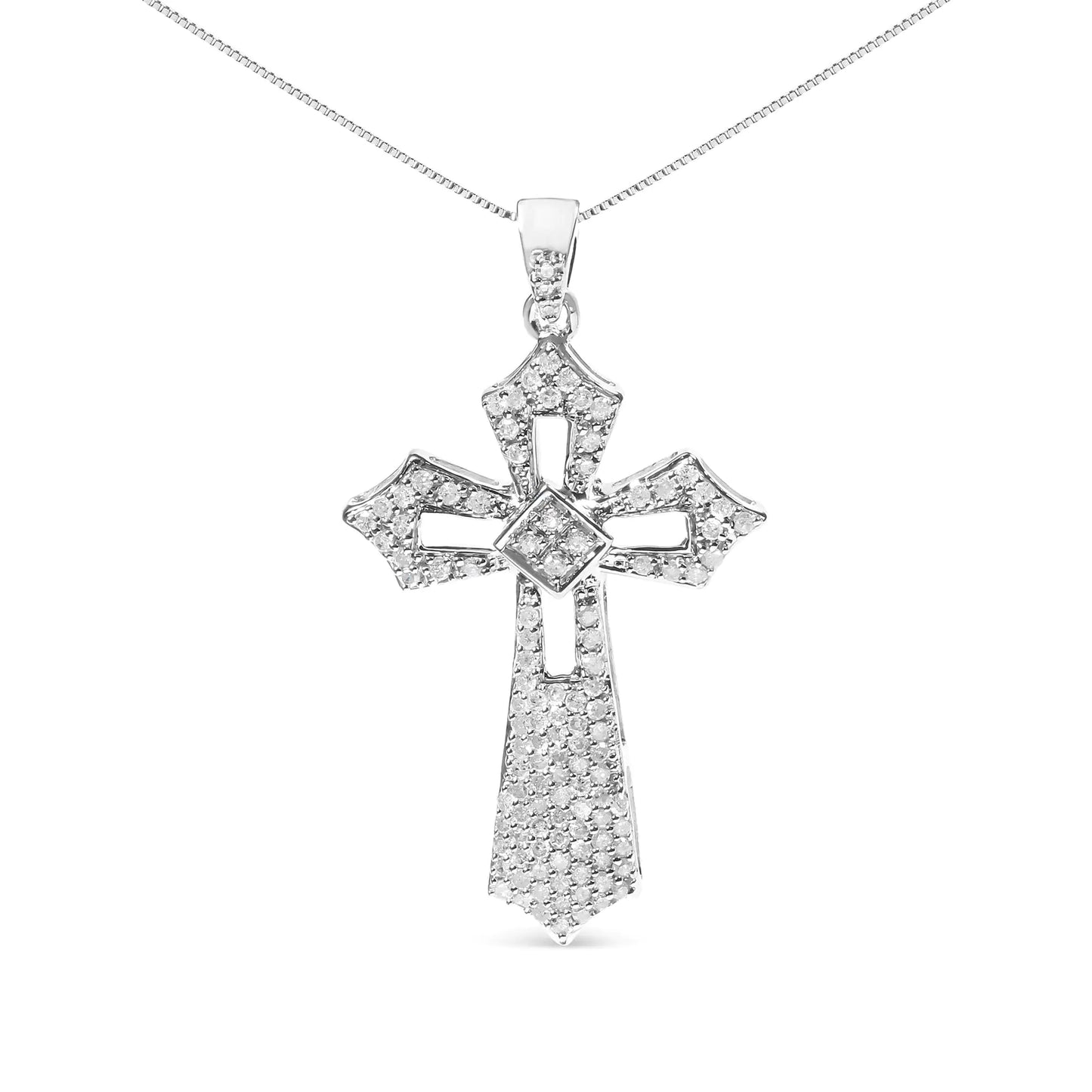 Silver Diamond Fleur-de-Lis Cross Pendant Necklace