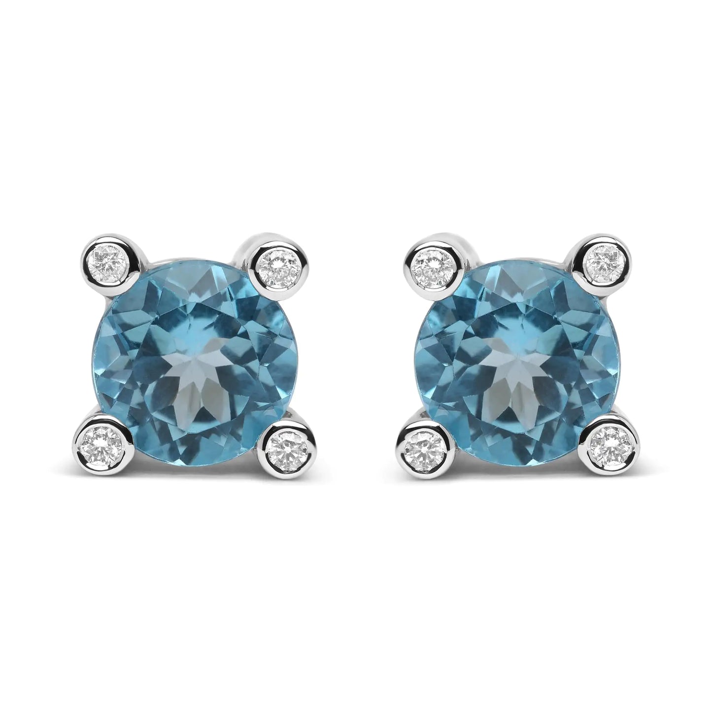 White Gold Round Diamond and Round Sky-Blue Topaz Gemstone Stud Earrings