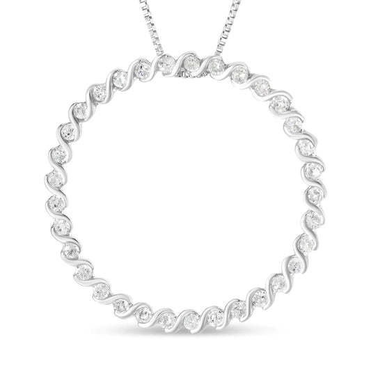 Silver Diamond Spiral-Curved Circle Pendant Necklace