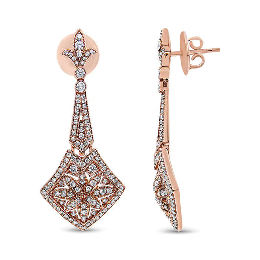 Rose Gold Diamond Studded Fleur-de-lis Trellis-Style Drop-and-Dangle Earrings