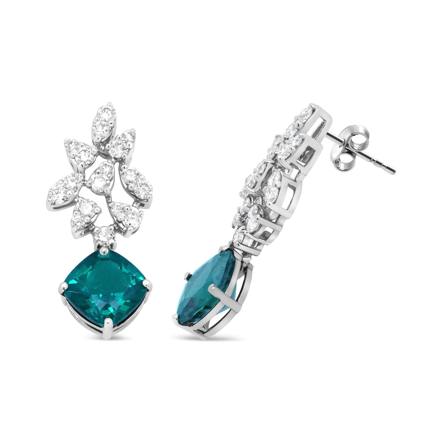 White Gold Diamond and Green Emerald Drop Earrings