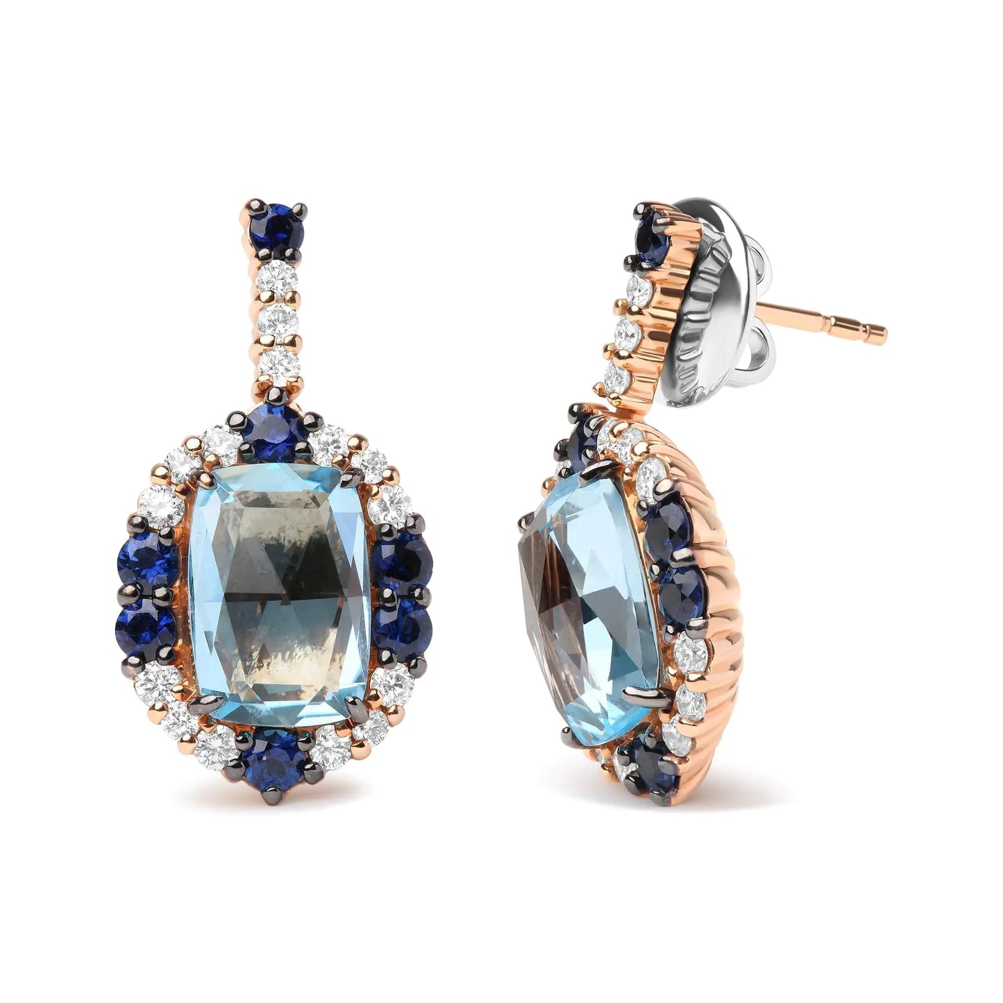 White-and-Rose Gold Diamond with Round Blue Sapphire and Cushion-Cut Topaz Gemstone Cluster Dangle Earrings