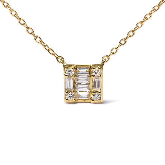 Yellow Gold Round-Cut and Baguette-Cut Diamond Mosaic-Composite-Square Pendant Necklace