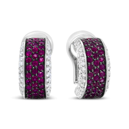 White Gold with Black Rhodium Plating Diamond and Red Ruby Huggie Hoop Earrings