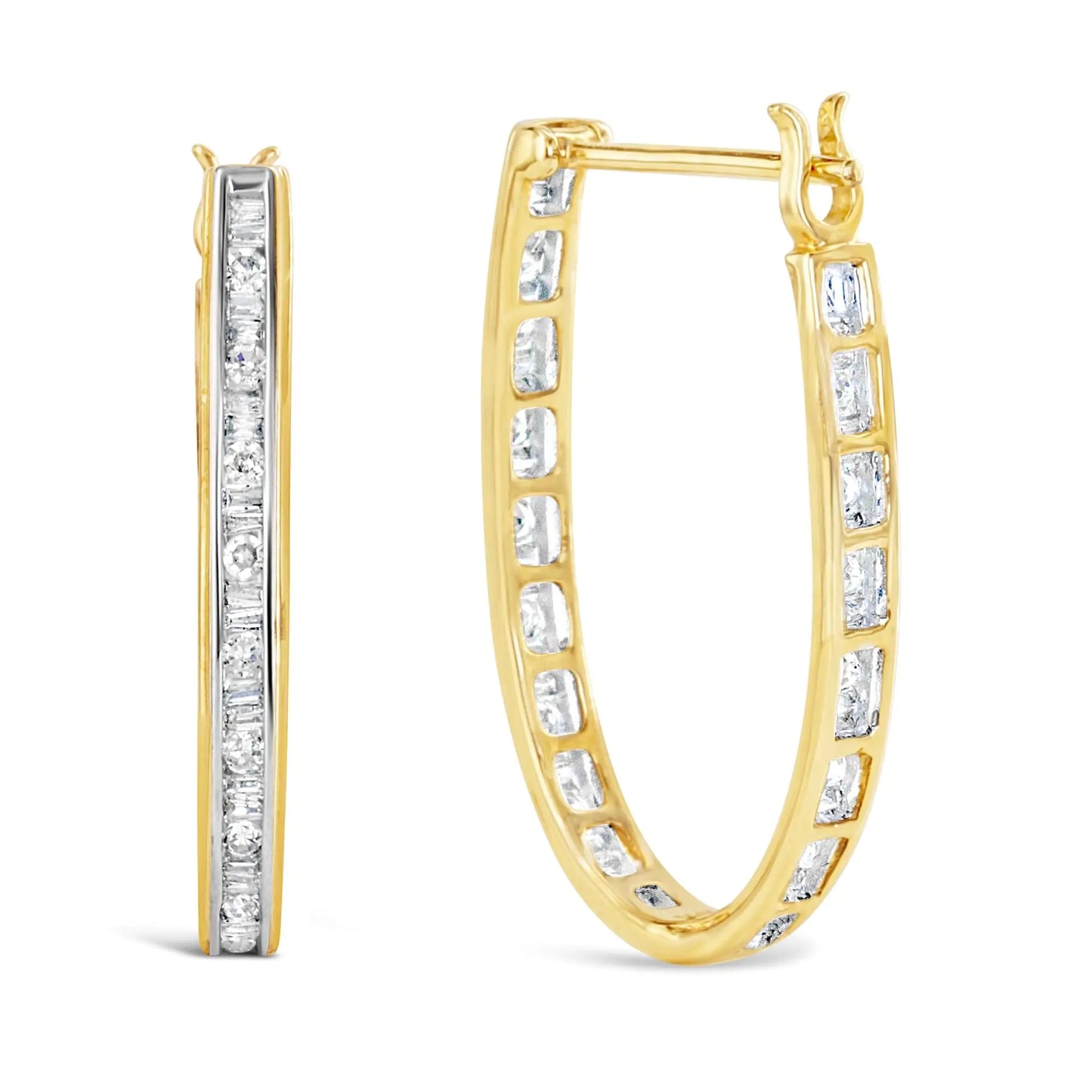 Yellow Gold Round-and-Baguette-Cut Diamond U-Hoop Earrings