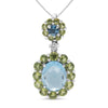 White Gold Round Diamond and Blue Topaz and Green Peridot Halo Drop Pendant Necklace