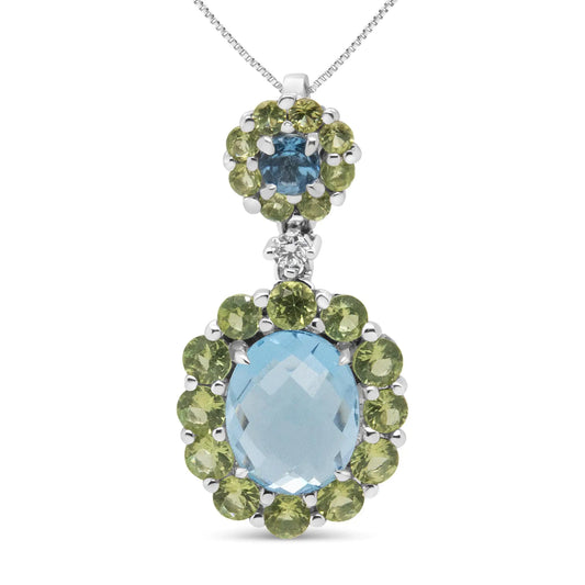 White Gold Round Diamond and Blue Topaz and Green Peridot Halo Drop Pendant Necklace