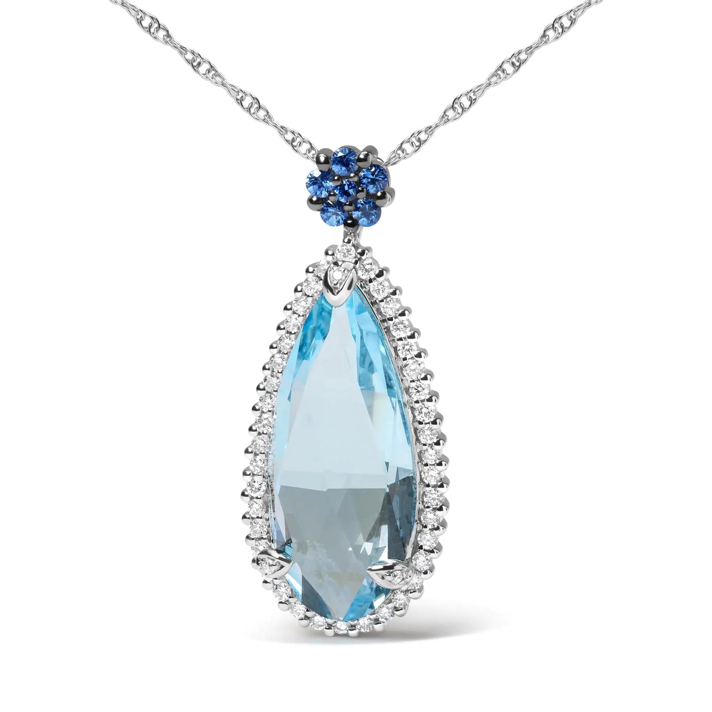 White Gold Diamond and Sky-Blue Topaz and Blue Sapphire Gemstone Floral Teardrop Halo Pendant Necklace