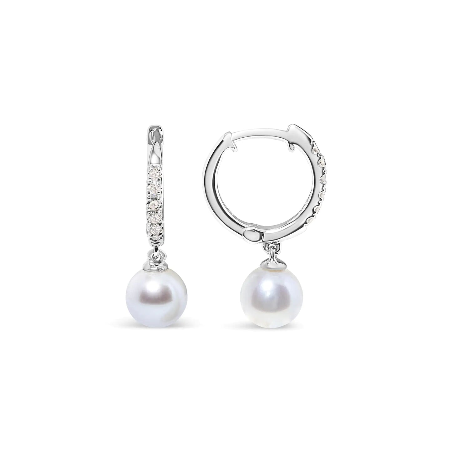 Rhodium-Plated White Gold Cultured Freshwater Pearl and Diamond Accent Drop Huggy Earrings