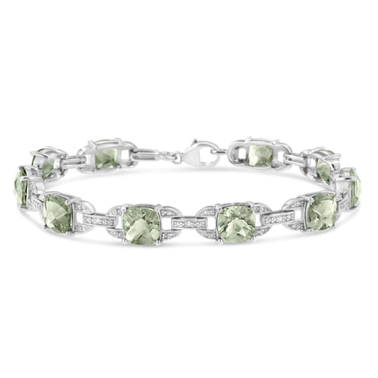 Silver Cushion-Cut Green Amethyst and Round Cut Diamond Fashion Tennis Bracelet