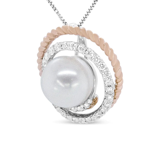 Rose-and-White Gold Diamond and Round Pearl Spiral Openwork Pendant Necklace