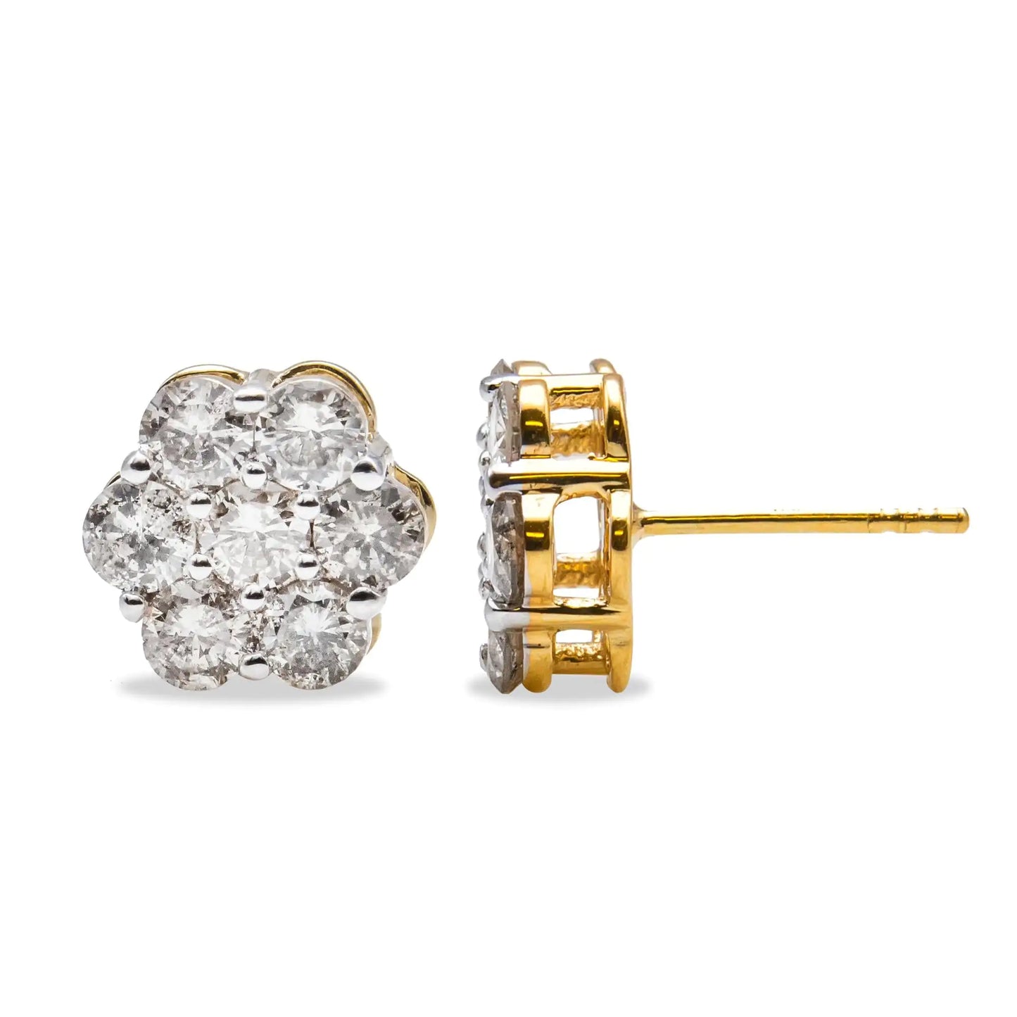 Yellow Gold Diamond Floral-Cluster Stud Earrings