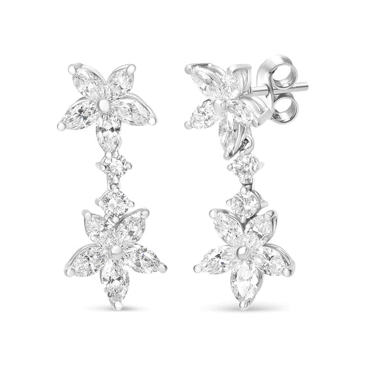 White Gold Marquise Diamond Floral Dangle-Drop Earrings