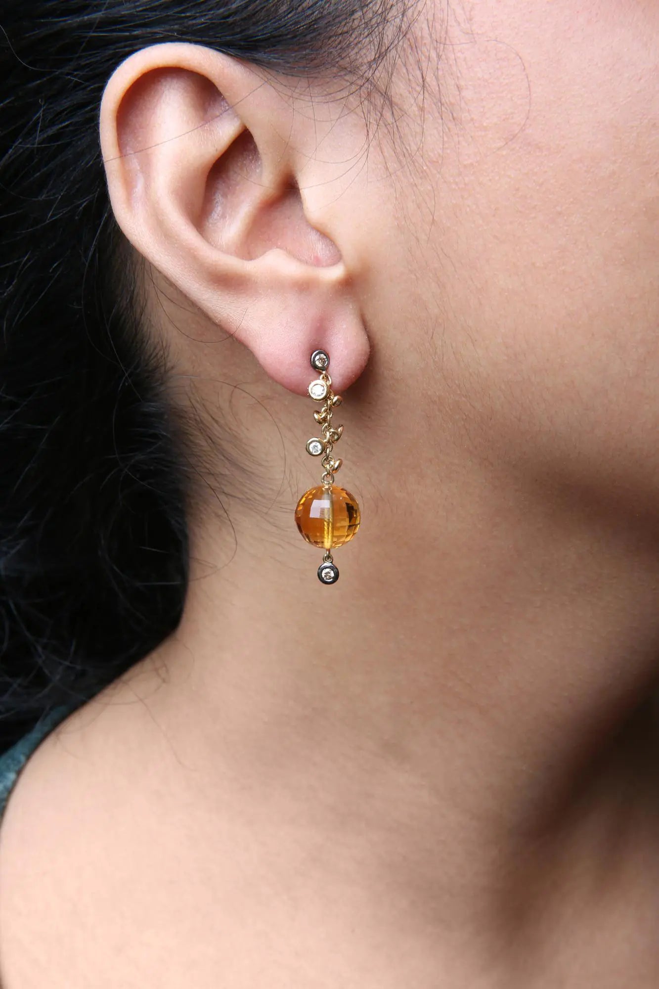 Yellow Gold Round Bezel Diamond and Ball-Shaped Yellow Citrine Gemstone Dangle Stud Earrings