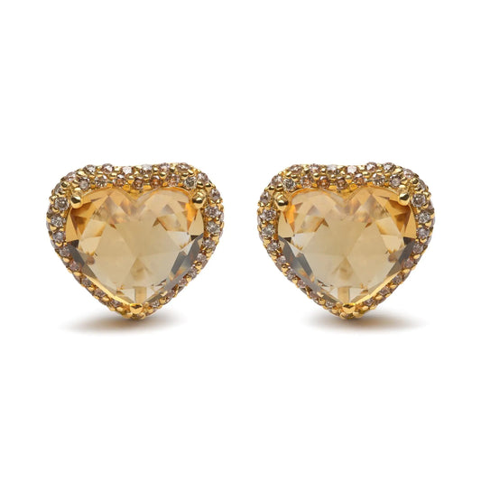 Yellow Gold Brown Diamonds and Heart-Cut Yellow Citrine Halo Heart Stud Earrings