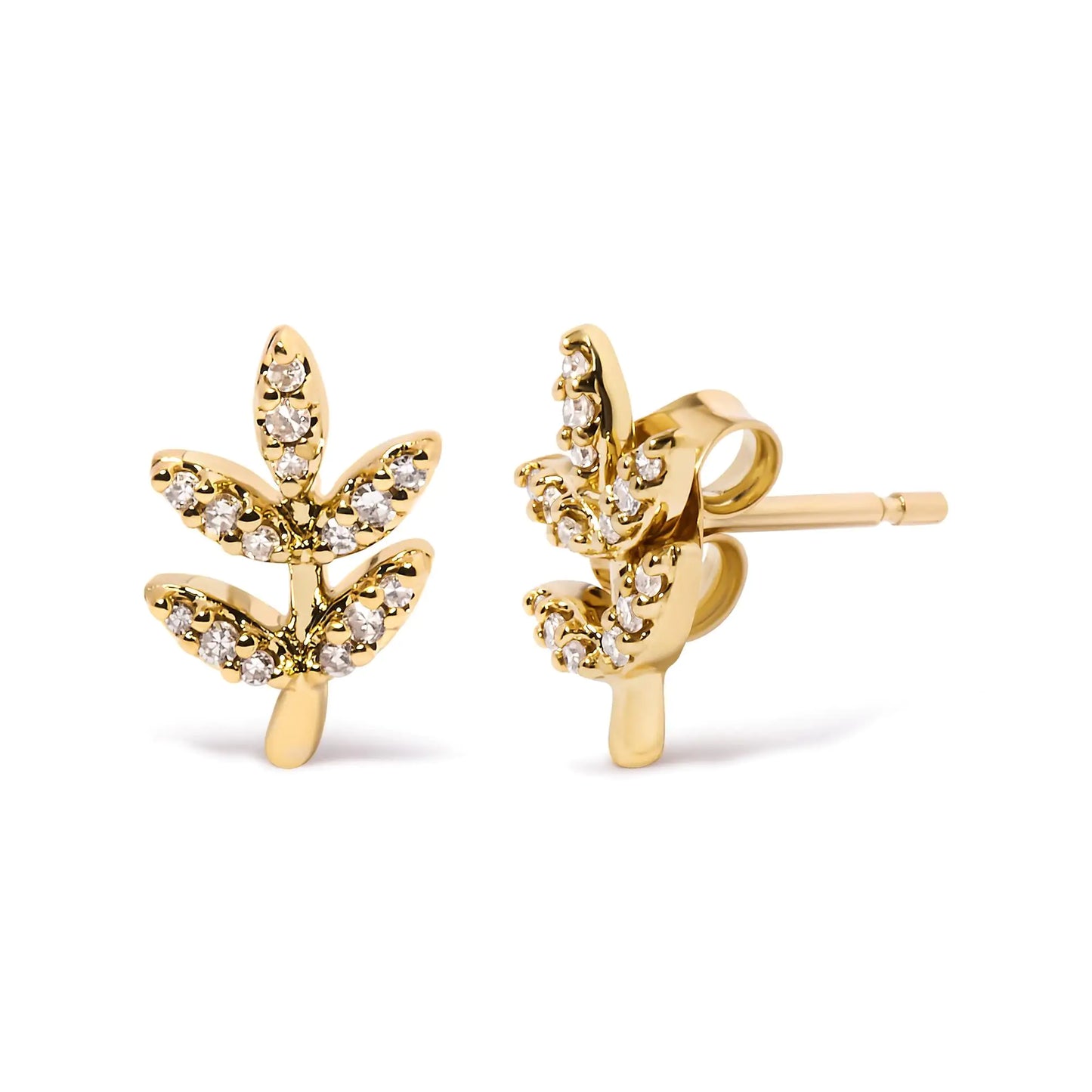 Yellow Gold Diamond-Accented Leaf-and-Branch Stud Earrings