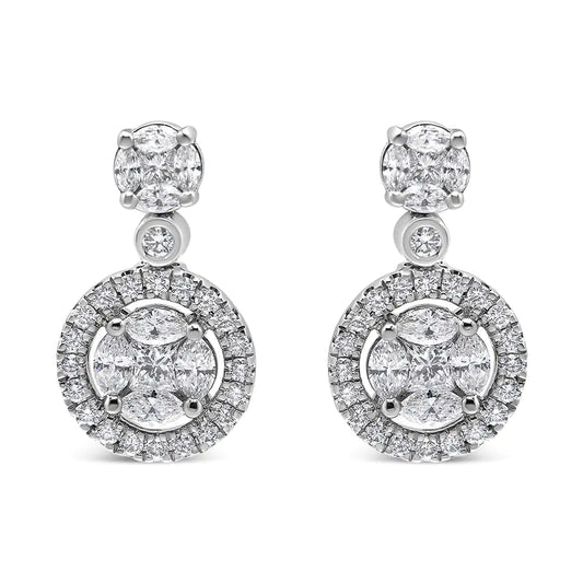 White Gold Round-Shape Diamond Composite Halo Dangle Stud Earrings