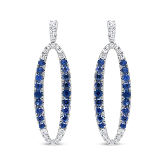 White Gold Round Blue Diamond and Light-and-Dark Blue Sapphire Openwork Oval-Shaped Dangle Earrings