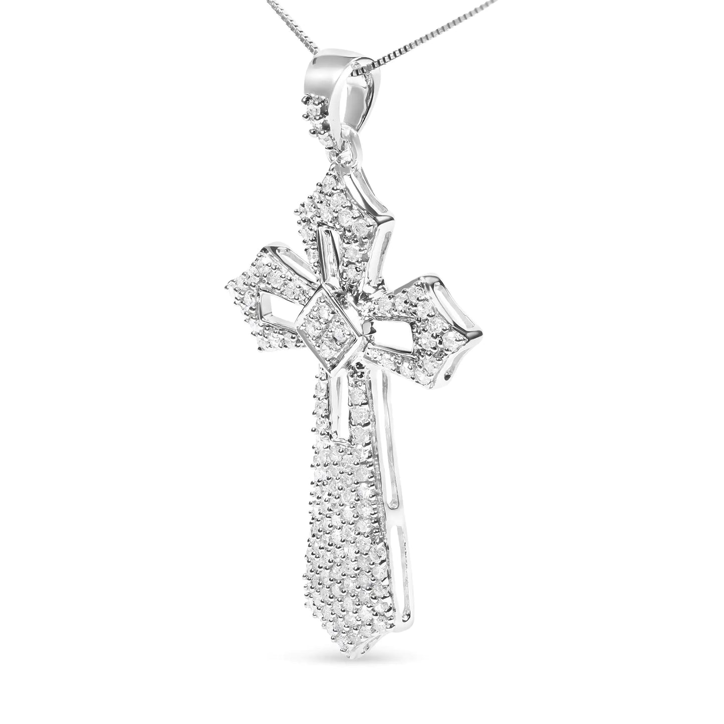 Silver Diamond Fleur-de-Lis Cross Pendant Necklace