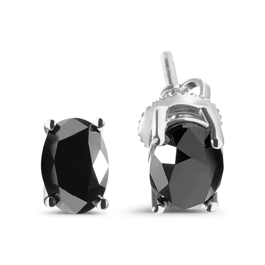 White Gold Oval-Cut Black Diamond Solitaire Stud Earrings